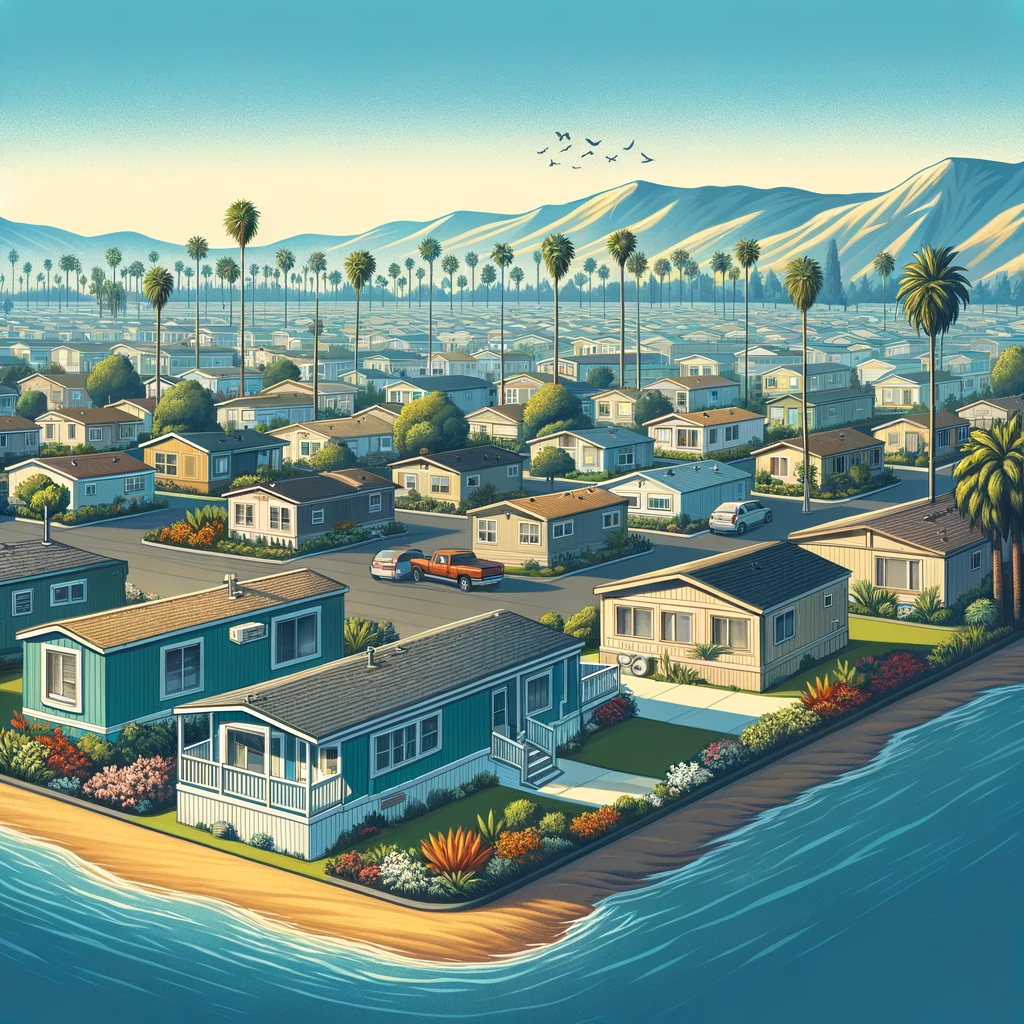 Aerial view of a serene California mobile home park with various styled homes, palm trees, and hills, capturing the essence of mobile home insurance in California, in calming blue tones