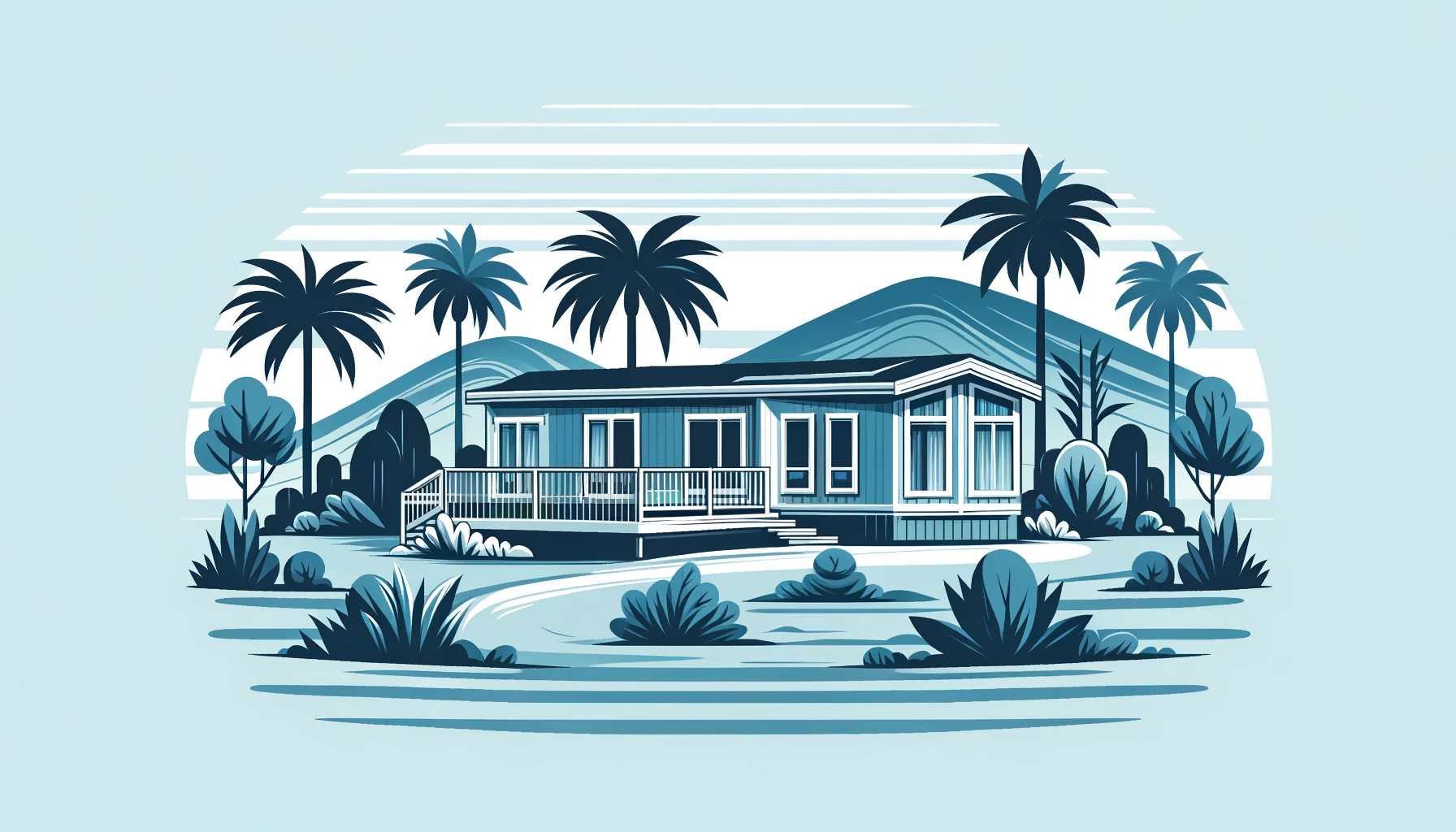 California-style manufactured home in a landscape with palm trees and hills, symbolizing mobile home insurance in California, in serene blue tones