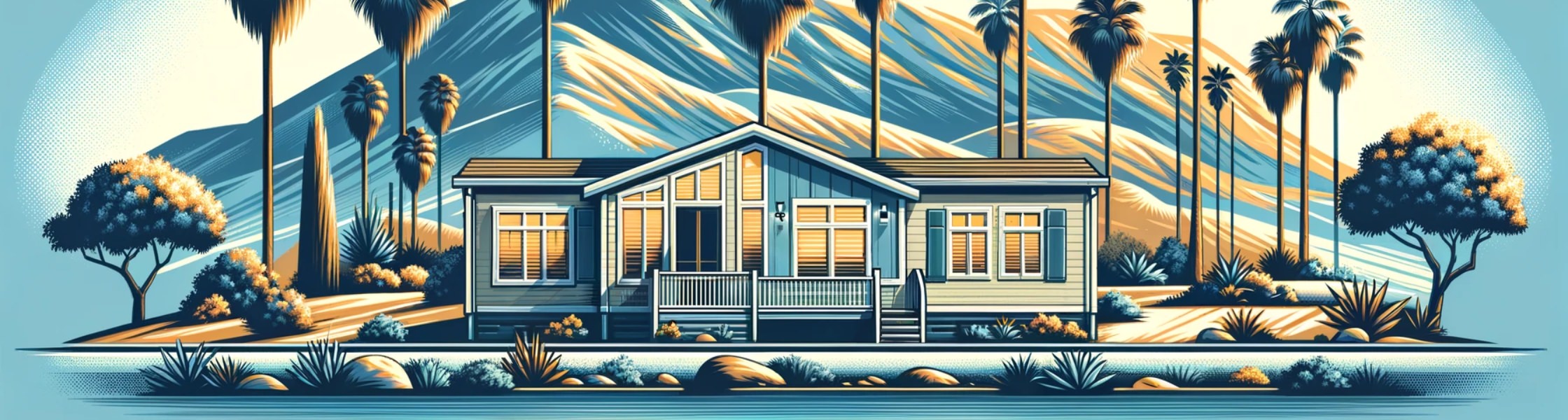Elegant California-style manufactured home in a serene California setting with palm trees and hills, perfect for an article on mobile home insurance, in stylish blue hues