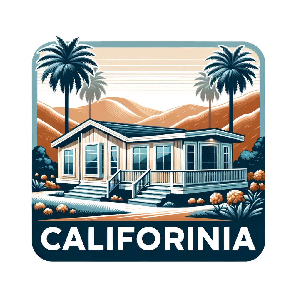 Modern California-style manufactured home amidst palm trees and hills, showcasing mobile home insurance in California, in calming blue tones